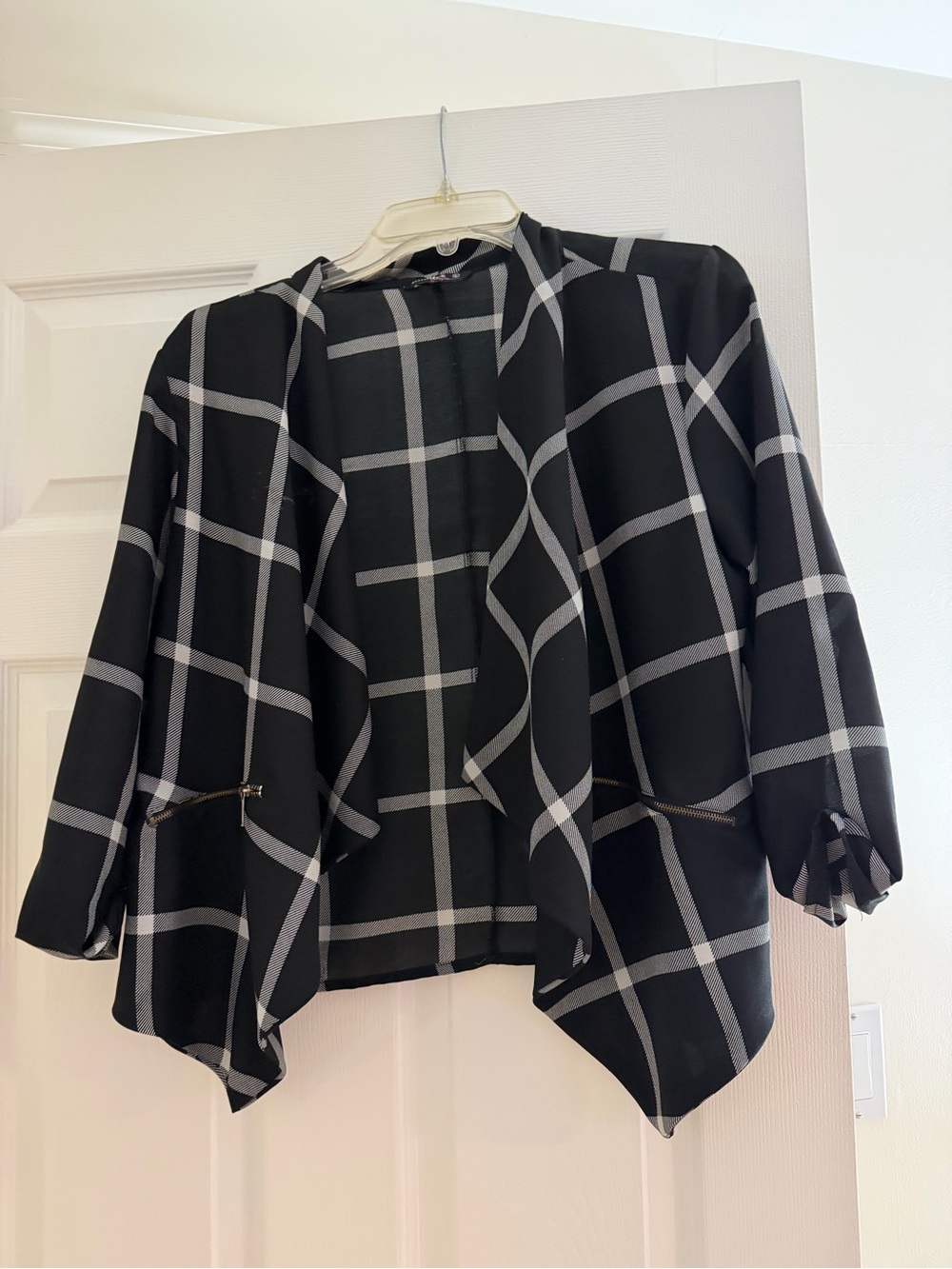 indulge Black and White Windowpane Open Front Blazer